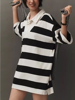 Anthropologie daily practice black and white stripped rugby mini dress size xl